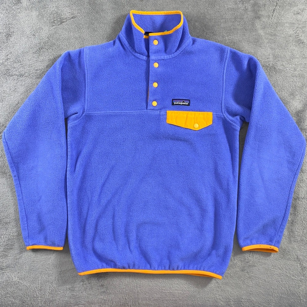 Patagonia Synchilla Fleece Pullover Womens XS Blue Snap-T Orange Trim Mock Neck